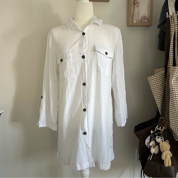 Ellen Weaver Bathing Suit Coverup in Sheer White Black Buttons Summer Vacation - Picture 2 of 6